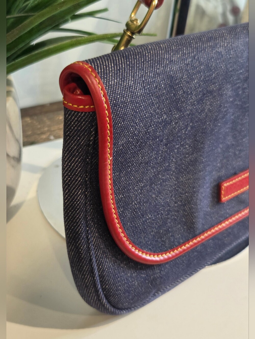 Dooney & Bourke Denim & Red Leather Crossbody Flap Bag - Vintage Made in USA - Picture 4 of 14